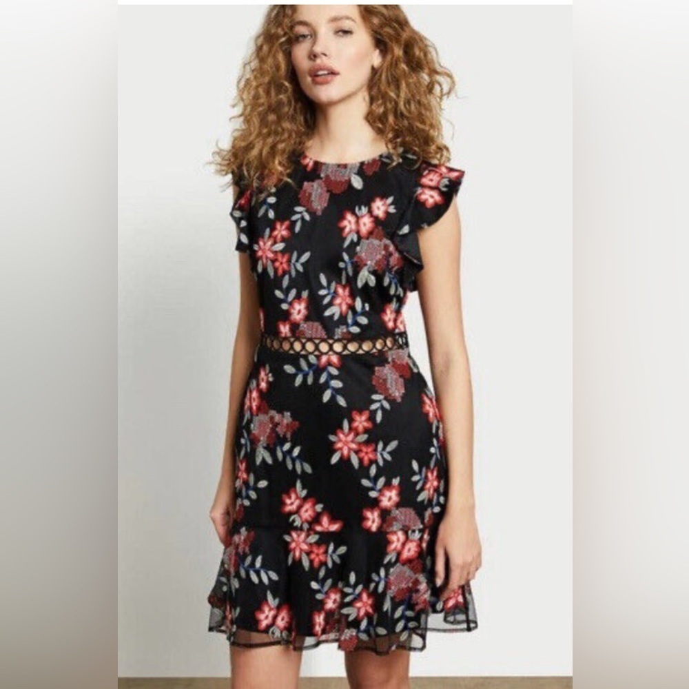 Sam Edelman Floral Flutter Sleeve Mini EMBROIDERED ALINE SHORT dress Women’s 4